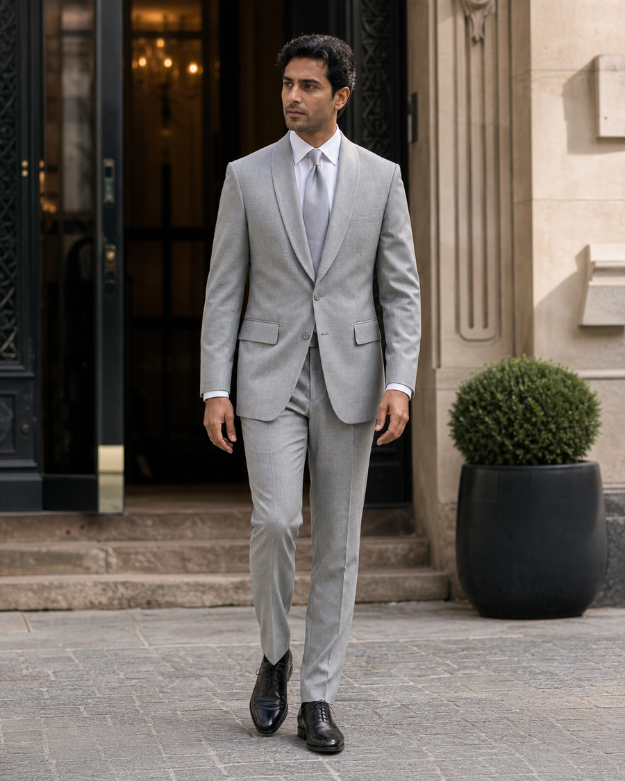 Light Gray Wool Shawl Lapel Suit — Custom Made to Measure