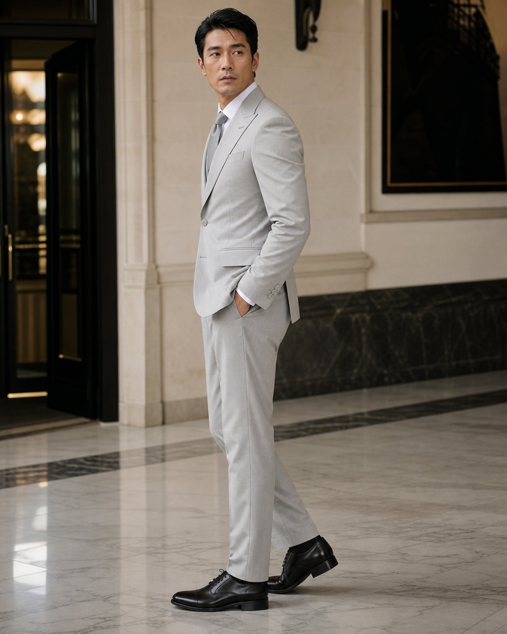 Light Grey Cotton Beach Wedding Suit - Custom Made to Measure side back view