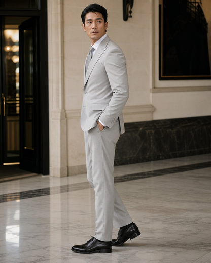 Light Grey Cotton Beach Wedding Suit - Custom Made to Measure side back view