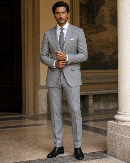 Light Grey Herringbone Winter Suit - Custom Made to Measure front view