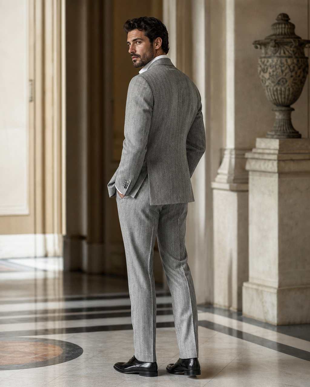 Light Grey Herringbone Winter Suit - Custom Made to Measure side back view