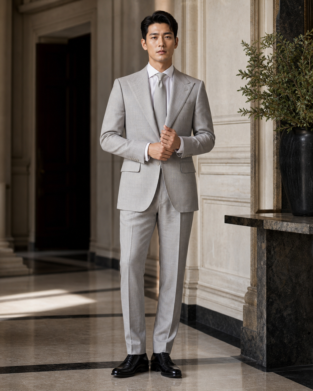 Light Grey Linen Outdoor Wedding Suit - Custom Made to Measure front view