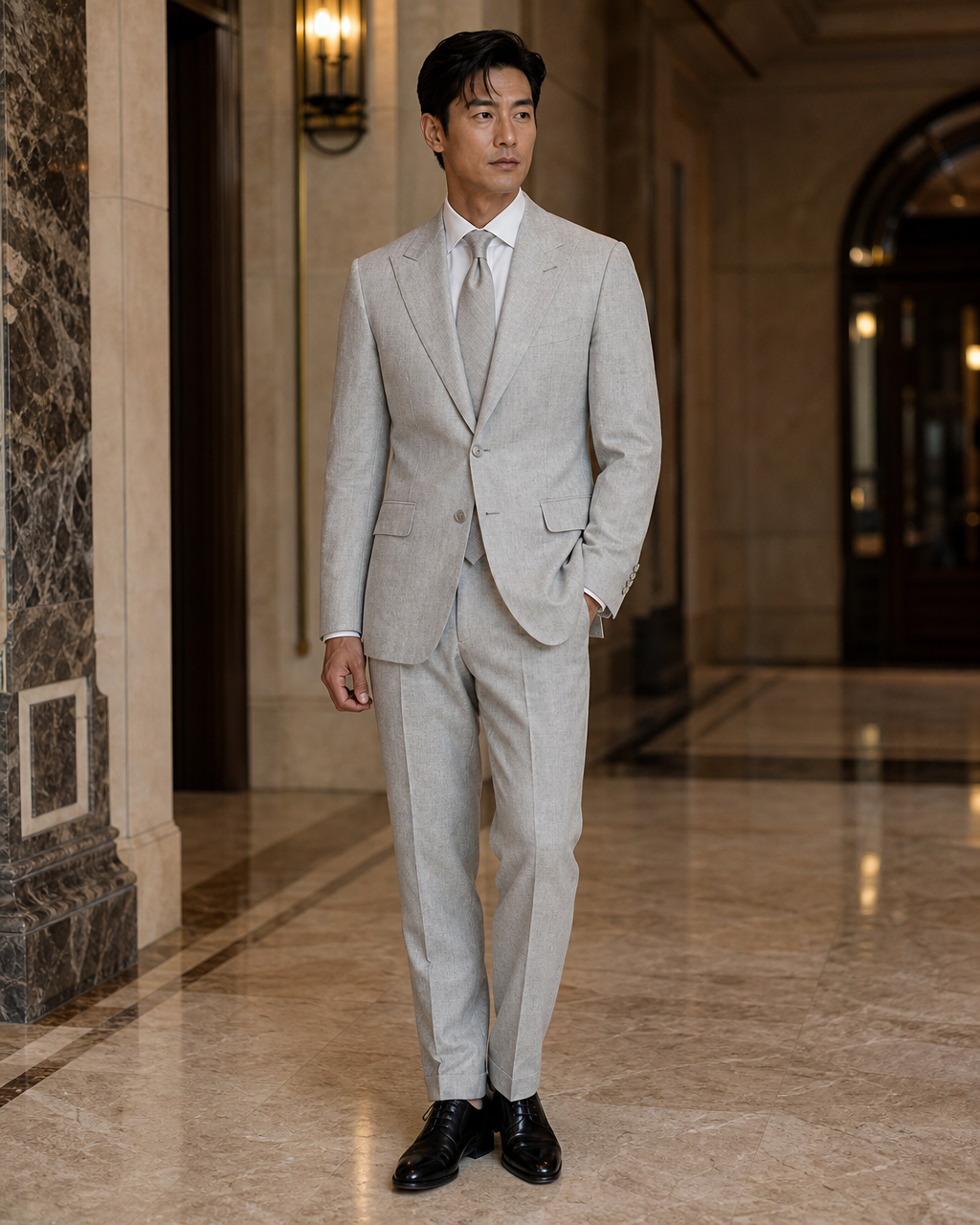 Light Grey Linen Outdoor Wedding Suit - Custom Made to Measure side back view
