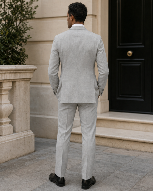 Light Grey Linen Peak Lapel Suit - Custom Made to Measure back view