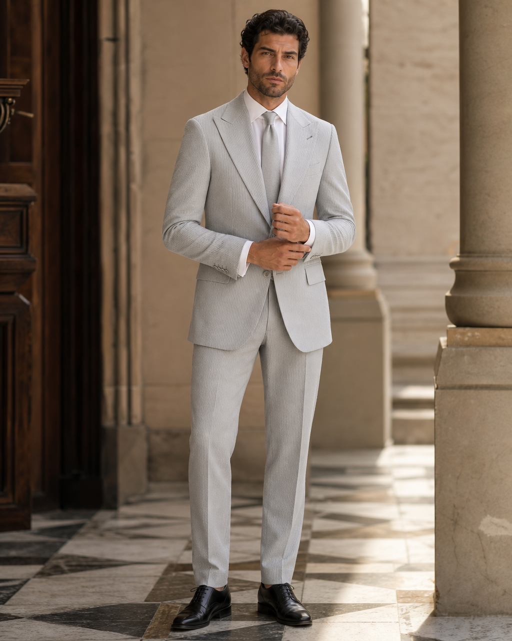 Light Grey Seersucker Beach Wedding Suit - Custom Made to Measure front view