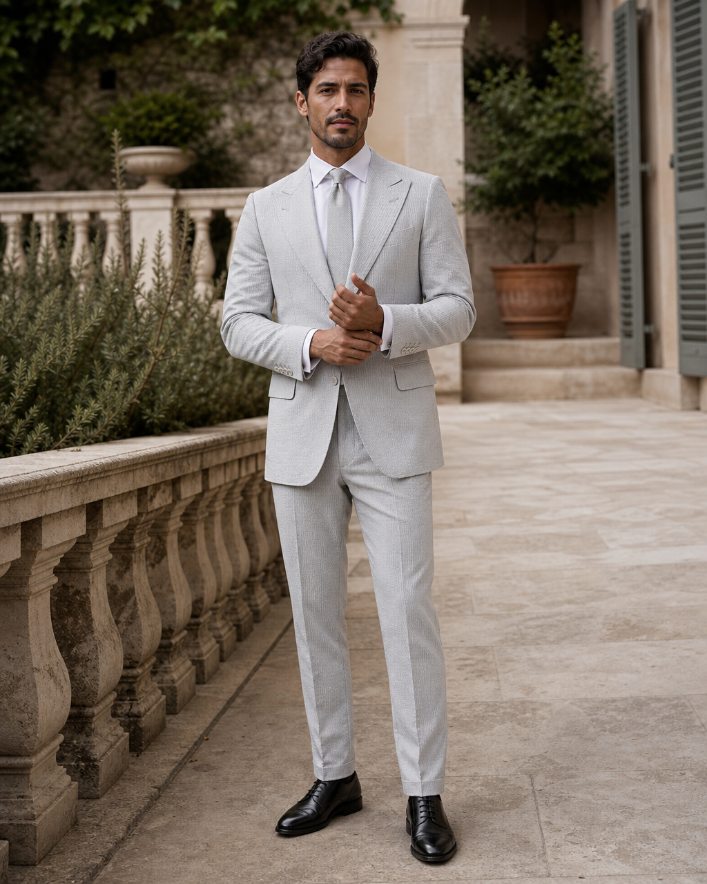 Light Grey Seersucker Outdoor Wedding Suit — Custom Made to Measure front view