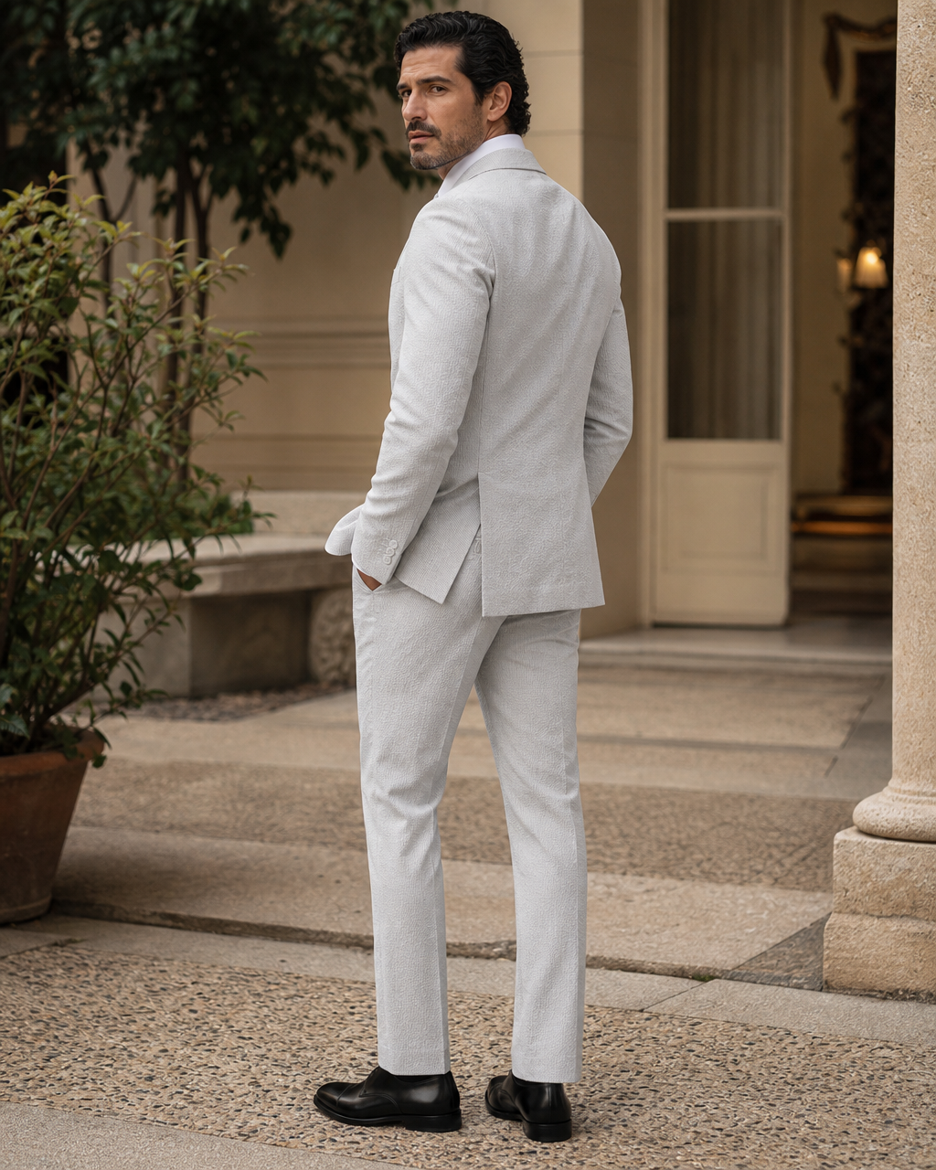 Light Grey Seersucker Outdoor Wedding Suit — Custom Made to Measure side back view
