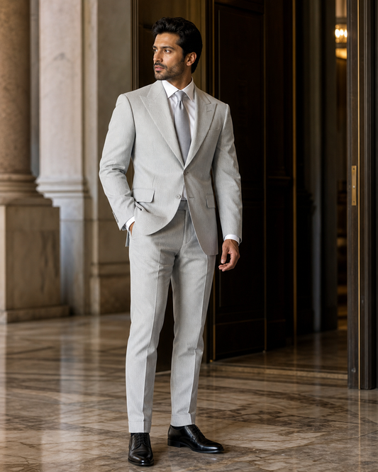 Light Grey Seersucker Summer Suit - Custom Made to Measure side back view