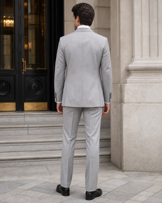 Light Grey Silk Blend Peak Lapel Suit - Custom Made to Measure back view