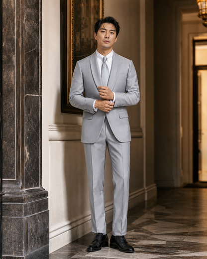 Light Grey Silk Blend Shawl Lapel Suit - Custom Made to Measure front view