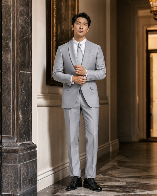 Light Grey Silk Blend Shawl Lapel Suit - Custom Made to Measure front view