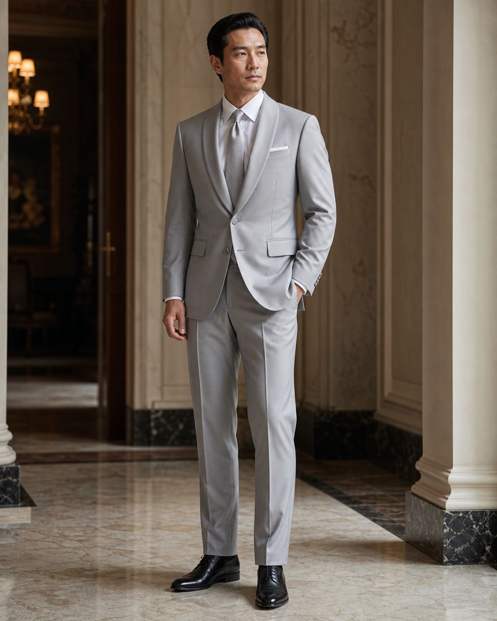 Light Grey Silk Blend Shawl Lapel Suit - Custom Made to Measure side back view