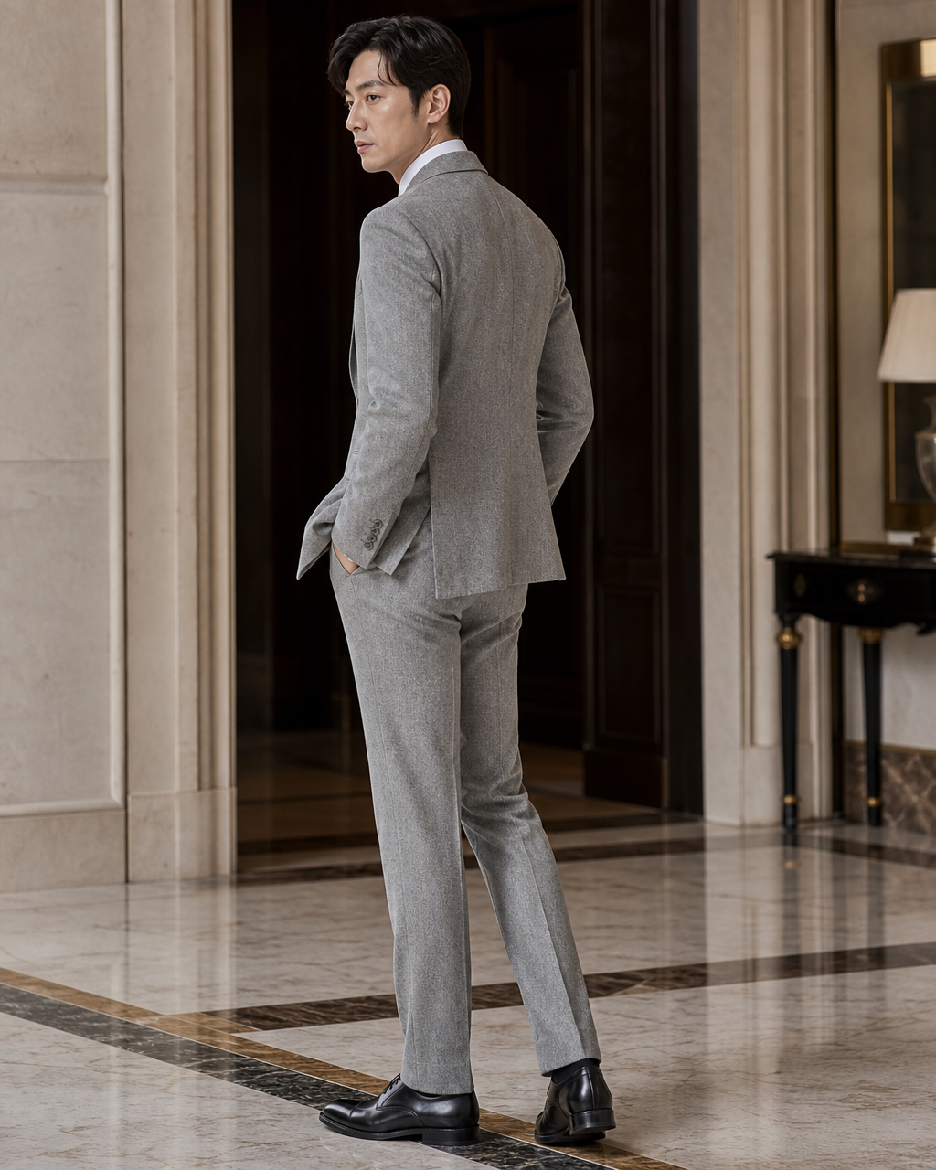 Light Grey Tweed Winter Suit - Custom Made to Measure side back view