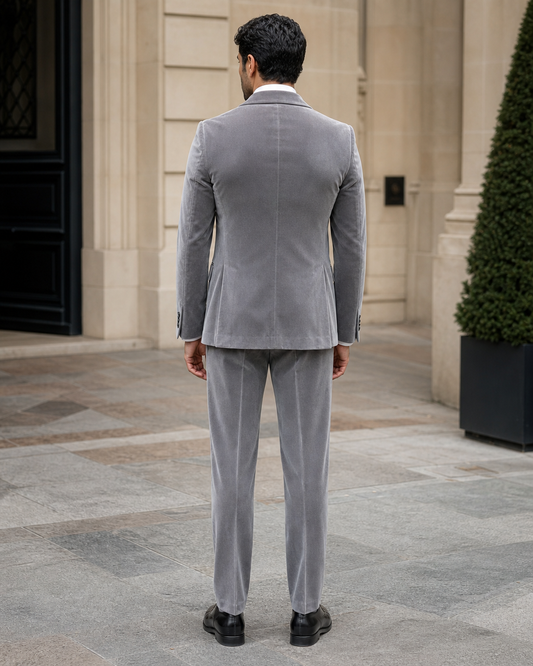 Light Grey Velvet Shawl Lapel Suit - Custom Made to Measure back view