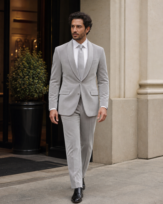 Light Grey Velvet Shawl Lapel Suit - Custom Made to Measure front view
