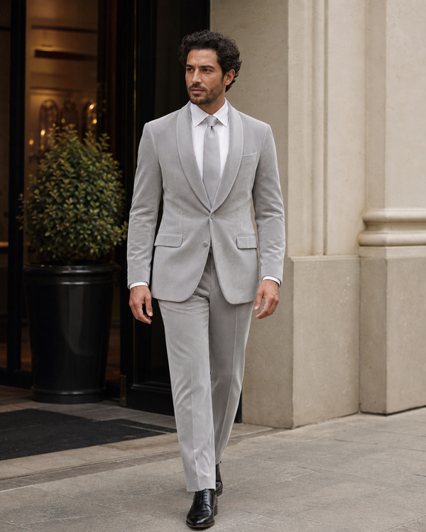 Light Grey Velvet Shawl Lapel Suit — Custom Made to Measure