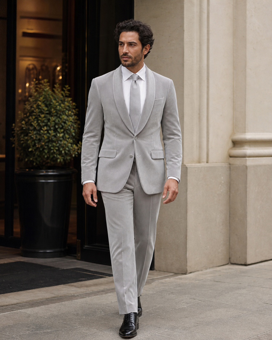 Light Grey Velvet Shawl Lapel Suit — Custom Made to Measure