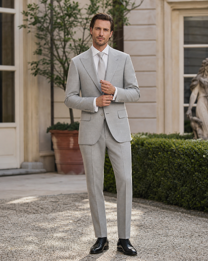 Light Grey Wool Outdoor Wedding Suit — Custom Made to Measure front view