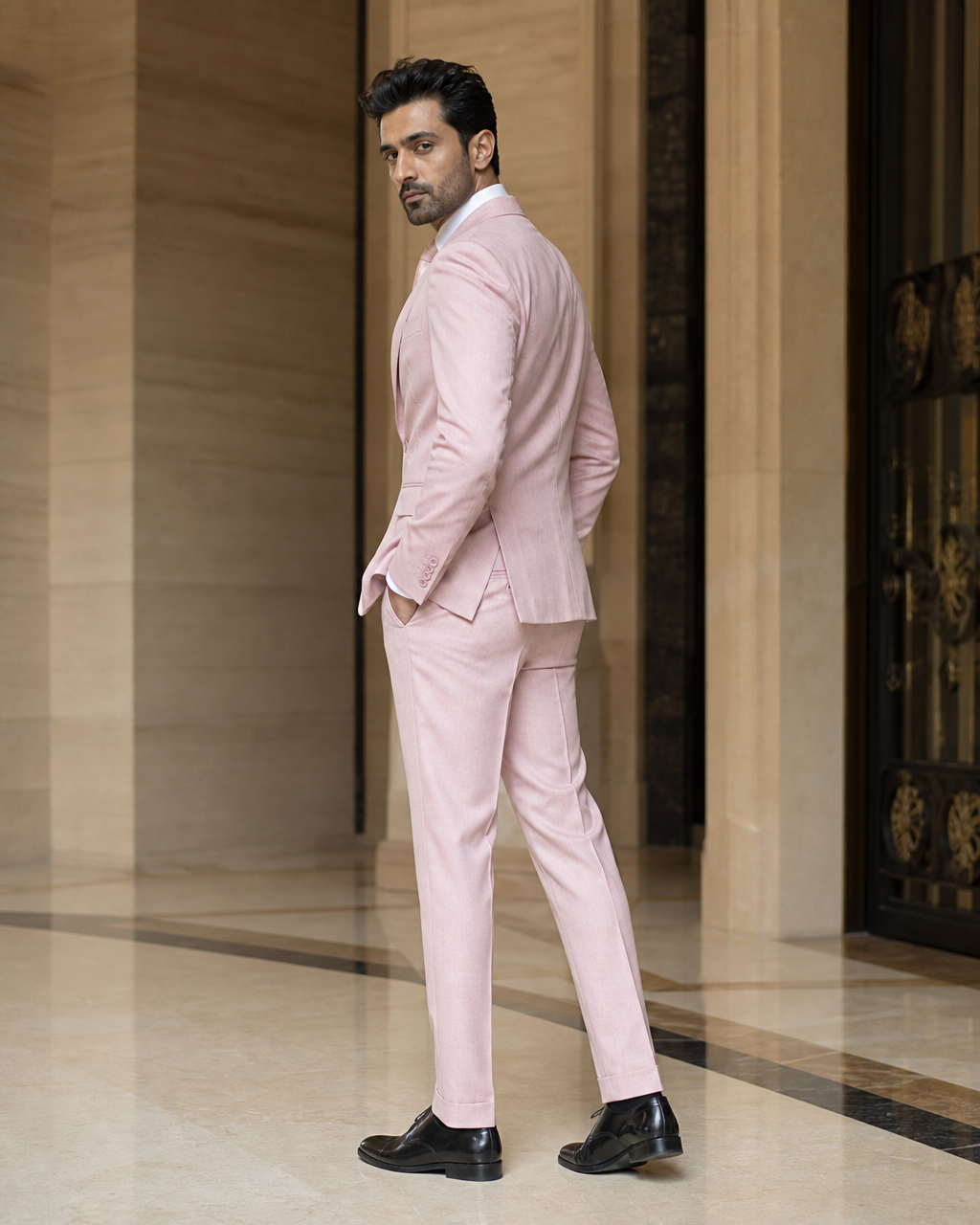 Light Pink Cashmere Blend Winter Suit - Custom Made to Measure side back view