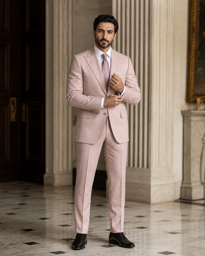 Light Pink Herringbone Winter Suit - Custom Made to Measure front view