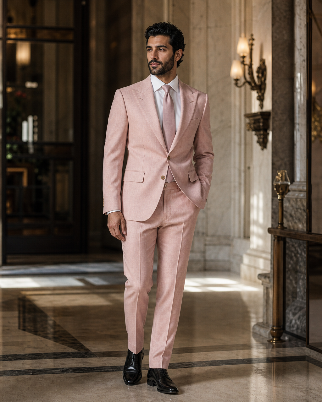 Light Pink Herringbone Winter Suit - Custom Made to Measure side back view