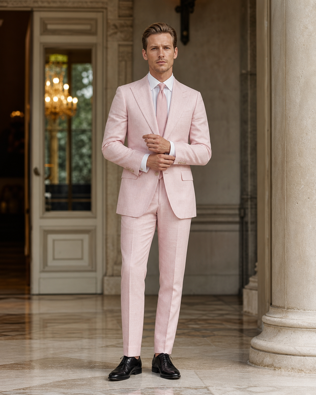 Light Pink Linen Outdoor Wedding Suit - Custom Made to Measure front view