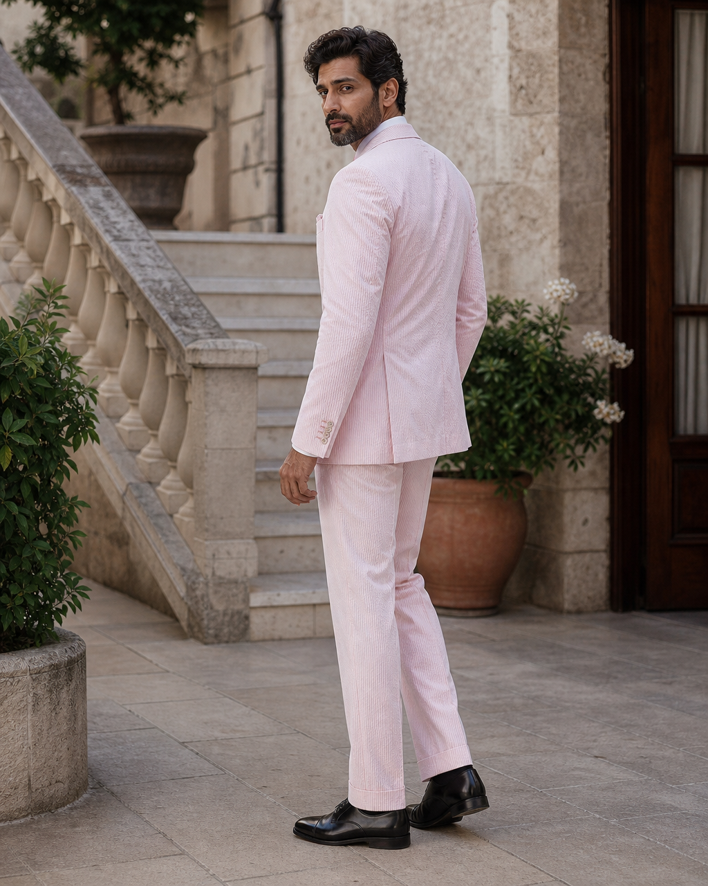 Light Pink Seersucker Outdoor Wedding Suit — Custom Made to Measure side back view