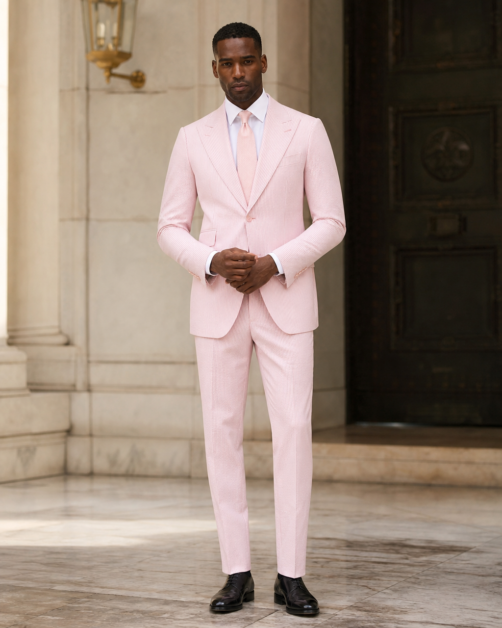 Light Pink Seersucker Summer Suit - Custom Made to Measure front view