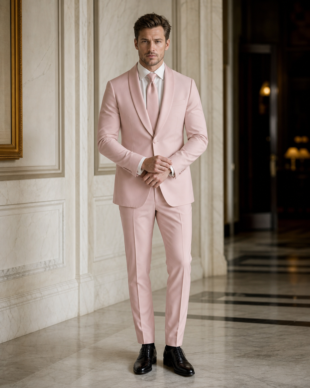 Light Pink Silk Blend Shawl Lapel Suit - Custom Made to Measure front view