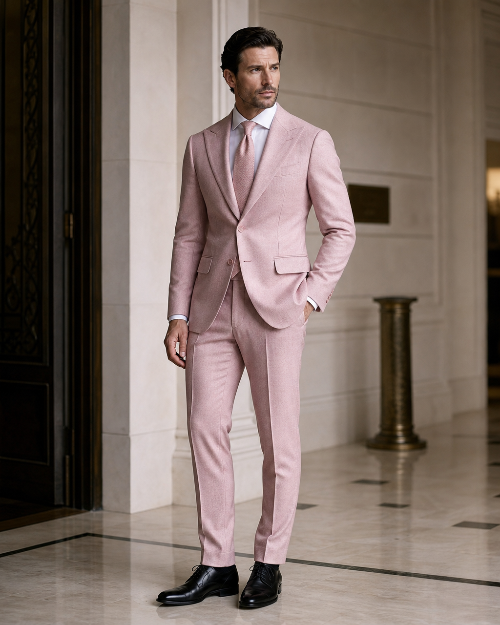 Light Pink Tweed Winter Suit - Custom Made to Measure side back view