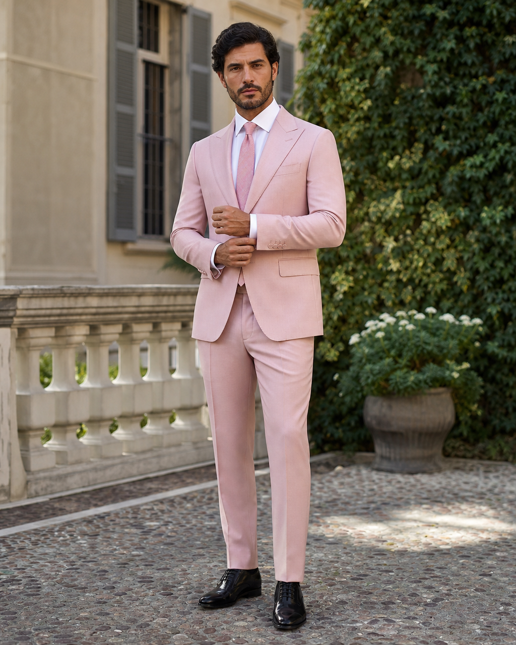 Light Pink Wool Outdoor Wedding Suit — Custom Made to Measure front view