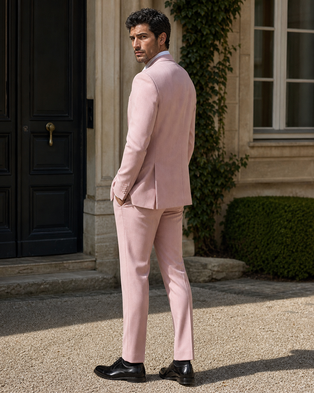Light Pink Wool Outdoor Wedding Suit — Custom Made to Measure side back view