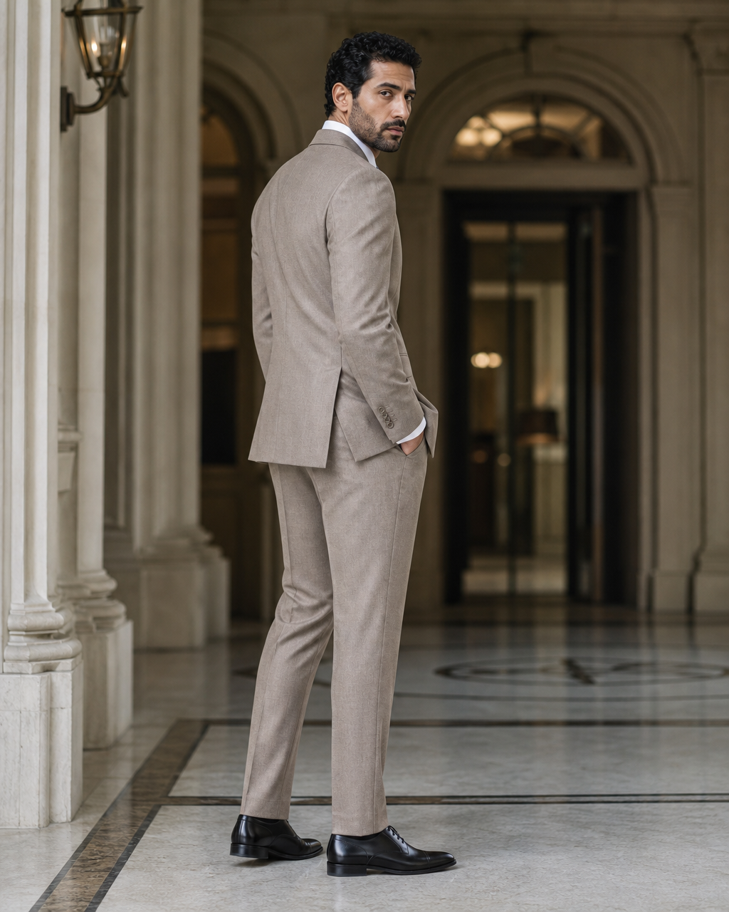 Light Taupe Cashmere Blend Winter Suit - Custom Made to Measure side back view