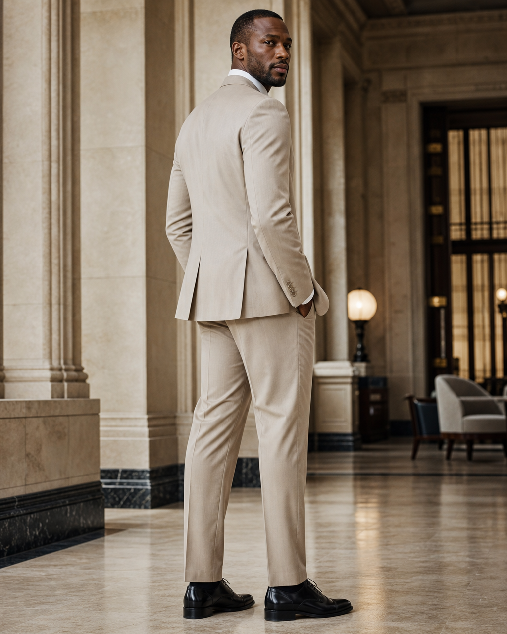 Light Taupe Cotton Beach Wedding Suit - Custom Made to Measure side back view
