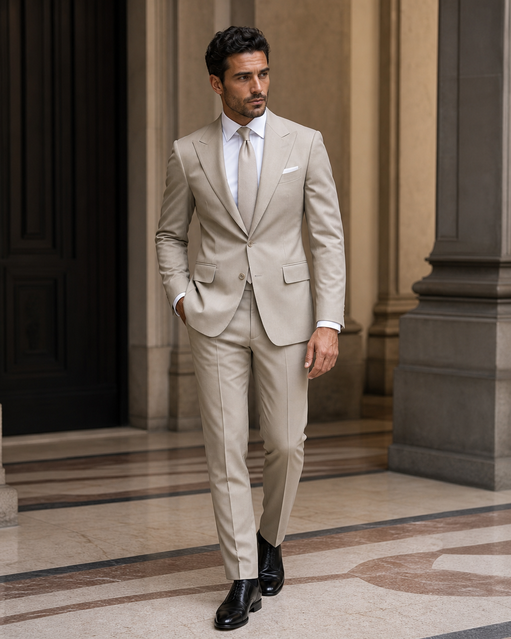Light Taupe Cotton Outdoor Wedding Suit - Custom Made to Measure side back view