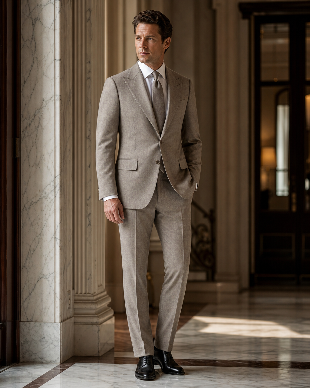 Light Taupe Flannel Winter Suit - Custom Made to Measure side back view