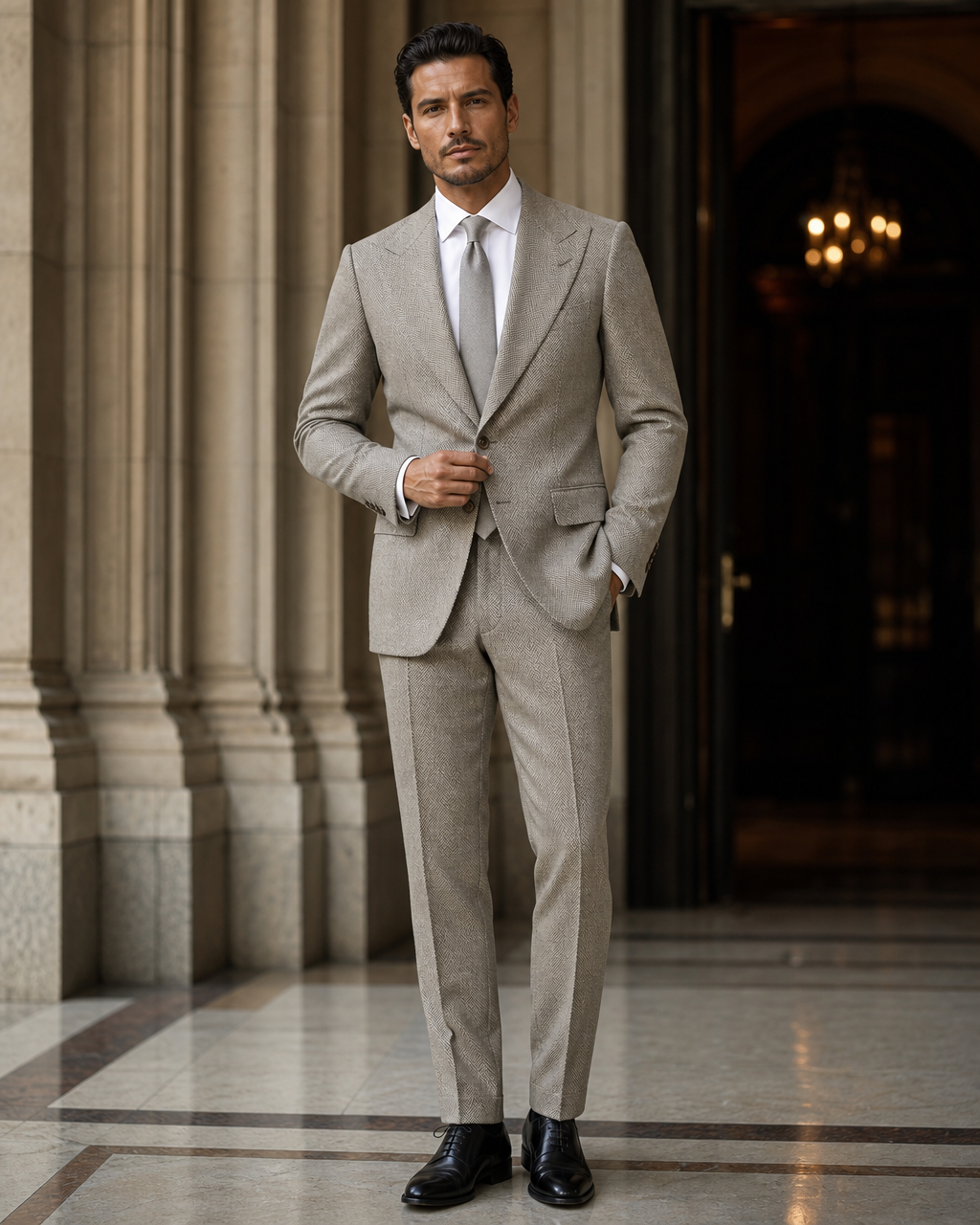 Light Taupe Herringbone Winter Suit - Custom Made to Measure front view