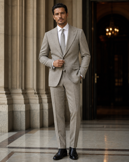 Light Taupe Herringbone Winter Suit - Custom Made to Measure front view