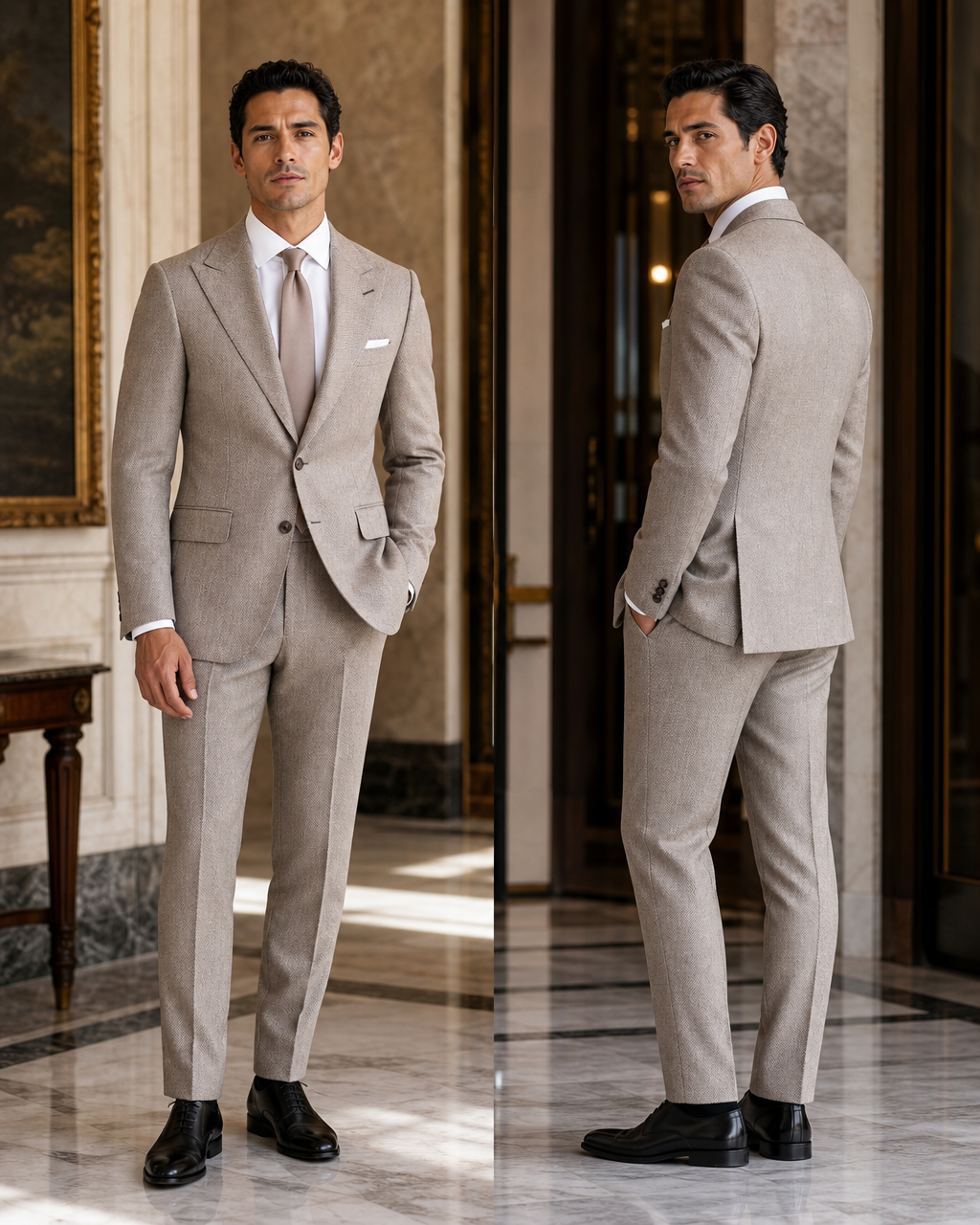 Light Taupe Herringbone Winter Suit - Custom Made to Measure side back view