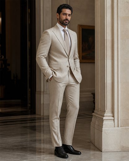 Light Taupe Linen Beach Wedding Suit - Custom Made to Measure side back view