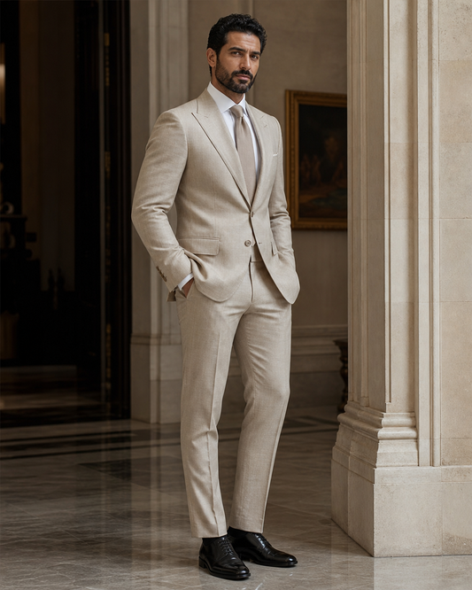 Light Taupe Linen Beach Wedding Suit - Custom Made to Measure side back view