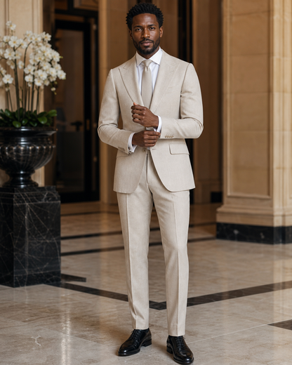 Light Taupe Linen Outdoor Wedding Suit - Custom Made to Measure front view