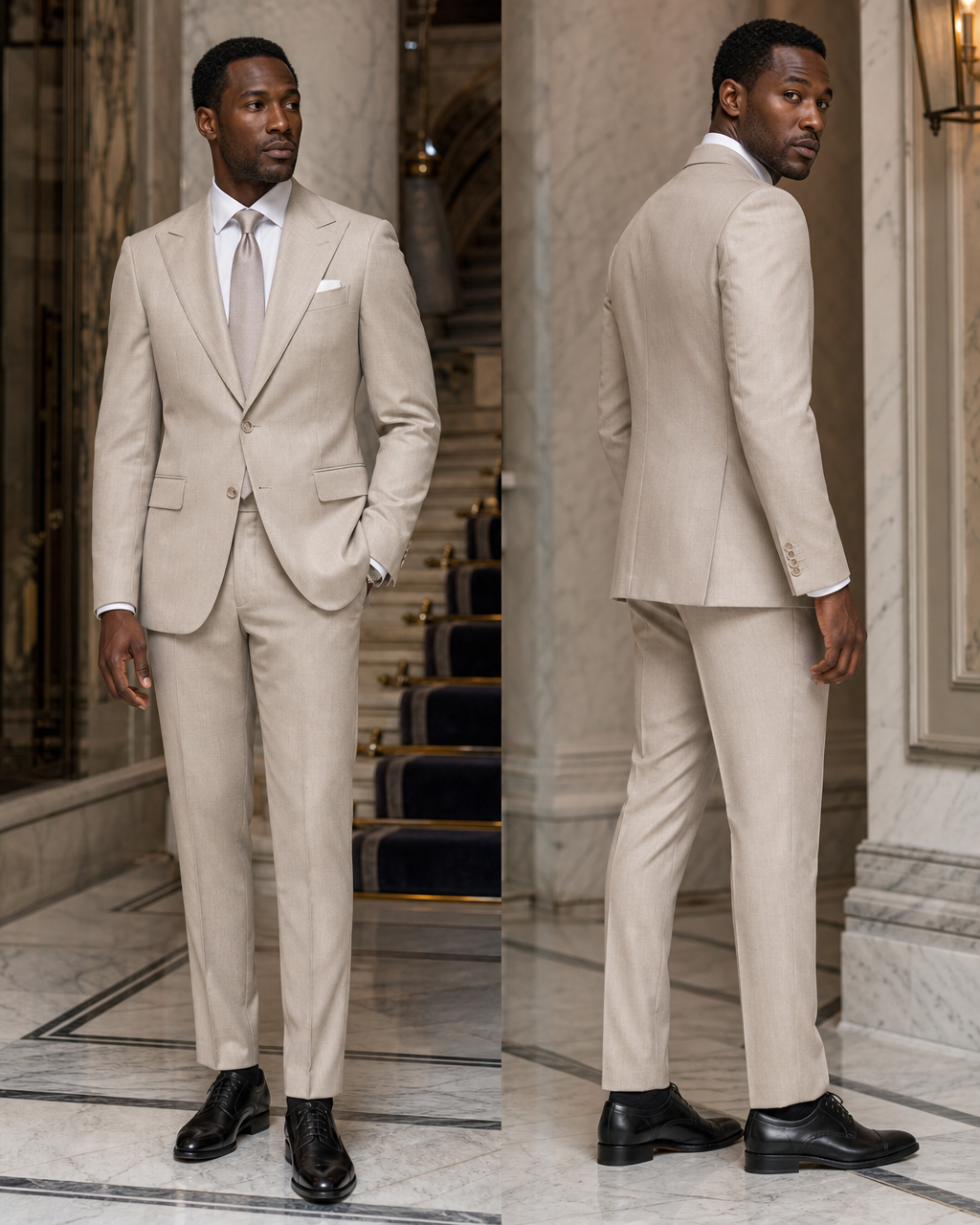 Light Taupe Linen Outdoor Wedding Suit - Custom Made to Measure side back view