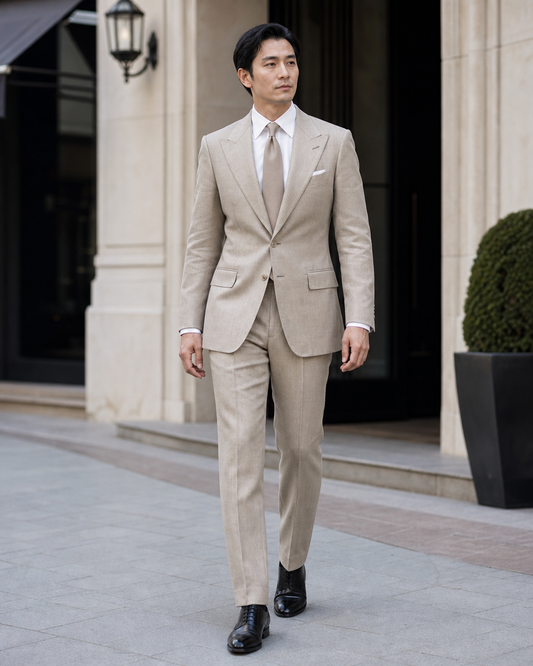 Light Taupe Linen Peak Lapel Suit - Custom Made to Measure front view