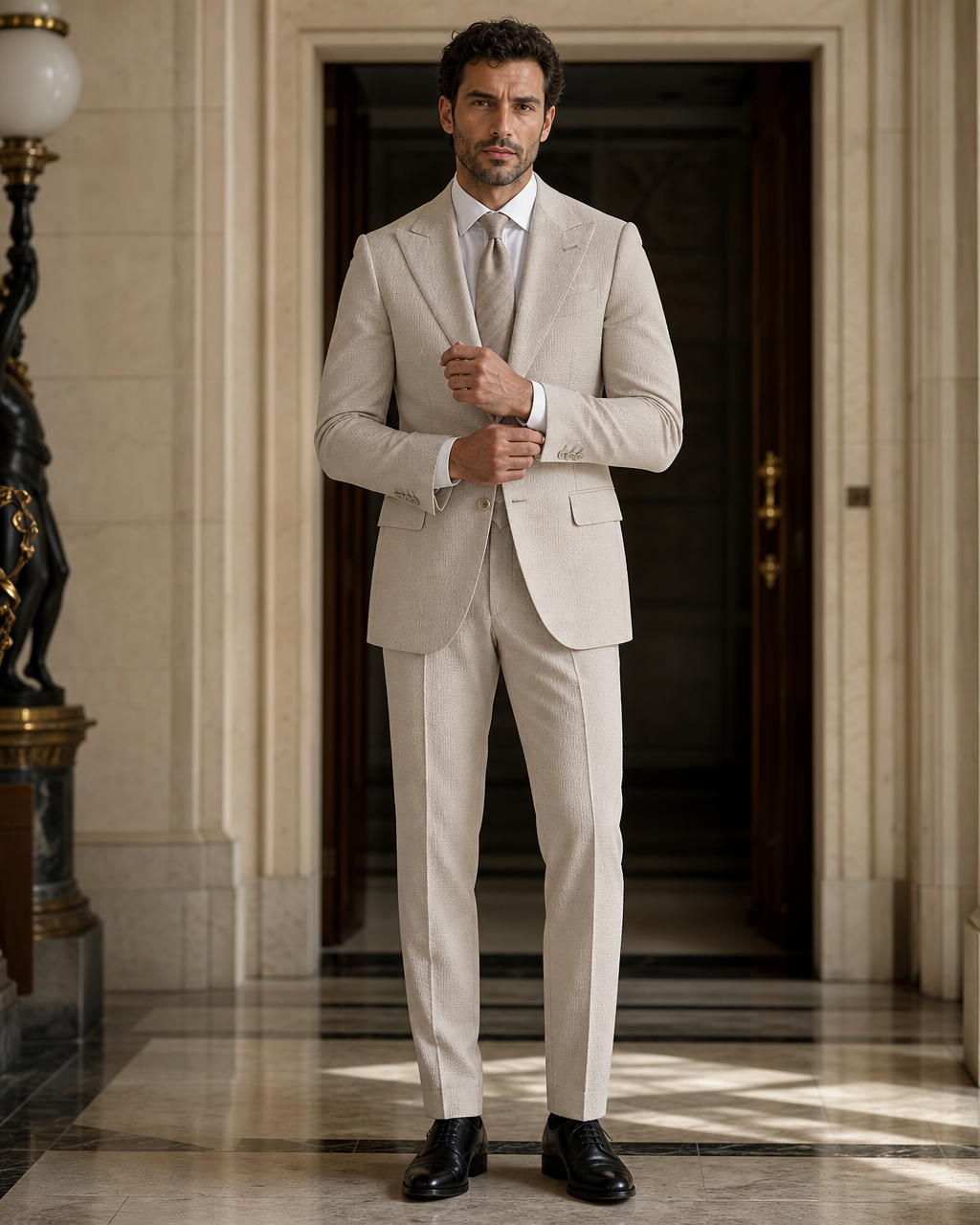 Light Taupe Seersucker Beach Wedding Suit - Custom Made to Measure front view