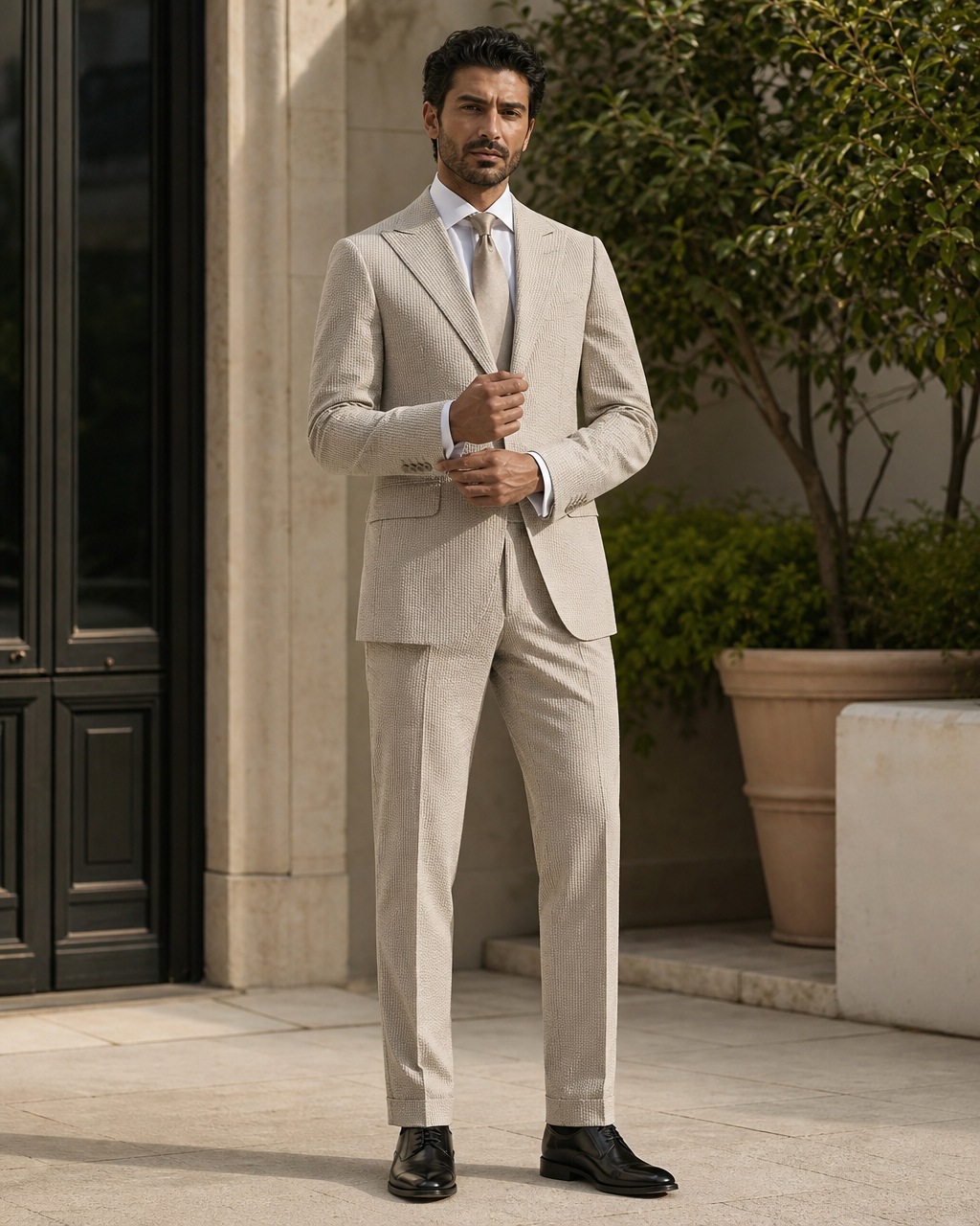 Light Taupe Seersucker Outdoor Wedding Suit — Custom Made to Measure front view