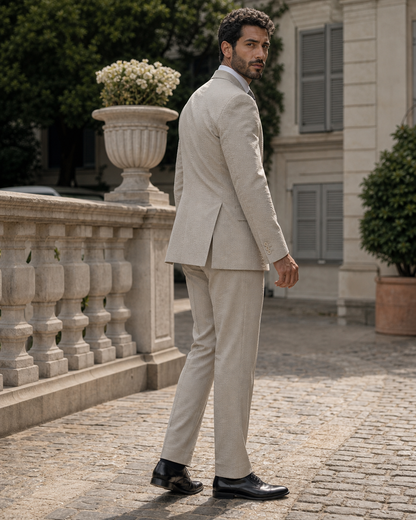 Light Taupe Seersucker Outdoor Wedding Suit — Custom Made to Measure side back view