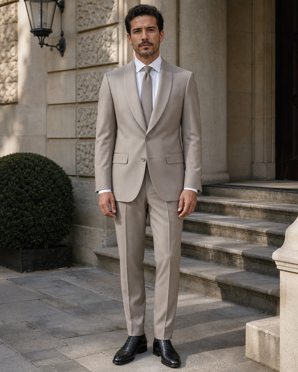 Light Taupe Silk Blend Shawl Lapel Suit — Custom Made to Measure
