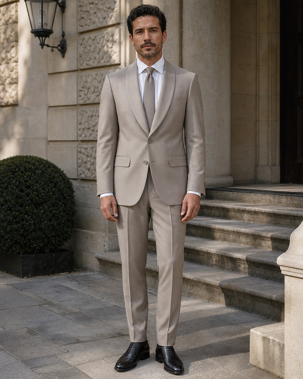 Light Taupe Silk Blend Shawl Lapel Suit — Custom Made to Measure
