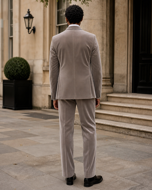 Light Taupe Velvet Shawl Lapel Suit - Custom Made to Measure back view